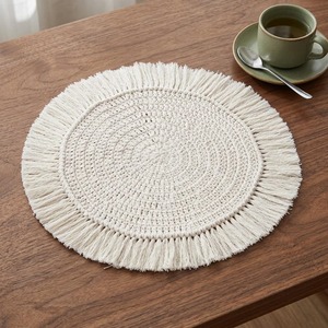 Round White Macrame Placemat Handmade Boho Dining Table <b>Mat</b> Decorative Fringe Table Decor for Kitchen Coffee Table Styling - Product Image 1