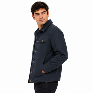 Men Navy Blue Sherpa <b>Lined</b> <b>Jacket</b> Warm Winter <b>Jacket</b> Full Snap Button Front Casual <b>Jacket</b> with Soft <b>Fleece</b> Lining Sherpa Collar - Product Image 2