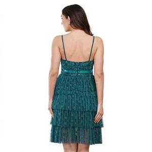 Vestido de cóctel de lujo verde azulado con lentejuelas y cuentas, tirantes finos, volantes escalonados y tul, minivestido para mujer - Product Image 2