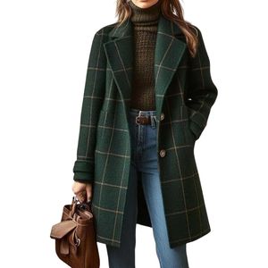 Manteau trench en coton personnalisé pour femme, vert, à carreaux, long, de haute qualité, décontracté, pour l'hiver - Product Image 1