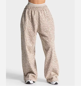 Custom Design Label Print Wide Leg Jogger With Black Leopard Piping Cotton Breathable Women Sweatpants Women Pants & Trousers - Product Image 4