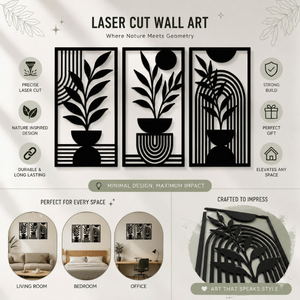 Conjunto de 3 Piezas de Arte Mural Botánico Moderno en Madera, Diseño Geométrico de Hojas Cortadas con Láser, Decoración para Colgar en la Pared, para Hogar, Oficina, Decoración de Interiores - Product Image 3