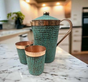 Ensemble de gobelets en cuivre Areeb, finition patine, style bohème antique, grande capacité, avec couvercles et poignée - Product Image 3