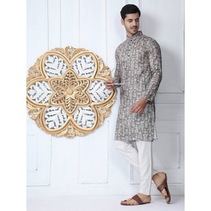 DISEÑADOR PURO ALGODÓN ESTAMPADO KURTA CON PAYJAMA GRIS - Product Image 1