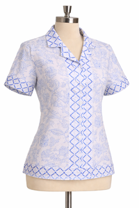 Blusa de Verano de Algodón para Mujer con Estampado Floral Azul Premium, Manga Corta y Borde Frontal Elegante, Top Casual - Product Image 3