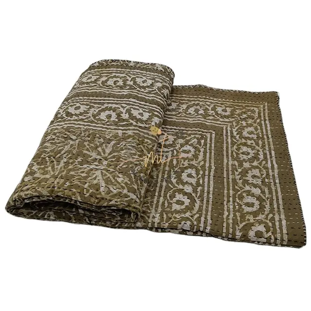 Double Sided Hand Quilted Handmade Reversible Decorative Hand Block Printed Indian 100% Cotton Kantha Quilt 90x108 inch