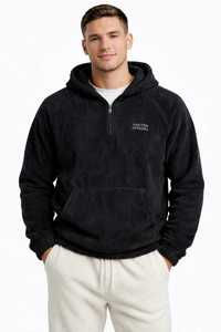 Men's Black Half Zip Hoodie Raglan Sleeve <b>Fleece</b> <b>Sweatshirt</b> Casual Oversized Fit Pullover Silk Screen Printing <b>Lined</b> Heavyweight - Product Image 2