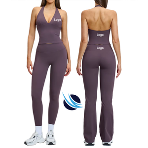 Custom Women's Yoga Set Halter Neck Sports Bra Top with High Waist <b>Flared</b> <b>Leggings</b> Seamless Fitness Gym Wear OEM ODM Active - Product Image 1