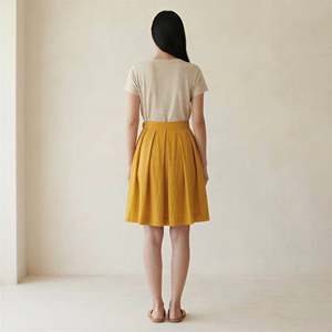 Women Yellow Cotton Pleated Knee Length <b>Skirt</b> For Women Featuring Lightweight Fabric Modern Style Comfortable Fit For Everyday - Product Image 3