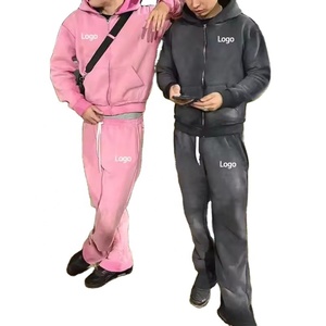 Custom Faded Vintage Jogging Set Zip Up Chándal Sudadera con capucha y pierna recta pantalones de chándal acampanados Lavado ácido Conjunto de dos piezas - Product Image 1