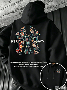 Sweat à capuche noir pour homme, imprimé cachemire, 100 % coton molletonné, décontracté, hiver, logo thermocollé sur le devant - Product Image 4
