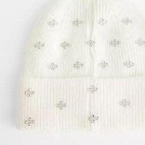 White Rhinestone Beanie Hat Unisex Knit <b>Winter</b> <b>Cap</b> Elegant Solid Color Casual Style >62CM Wool Blend VIENNA INDUSTRY Adults - Product Image 2