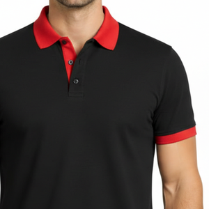 Polo clásico negro para hombre con cuello rojo en contraste, corte ajustado, manga corta, informal, para golf. - Product Image 3