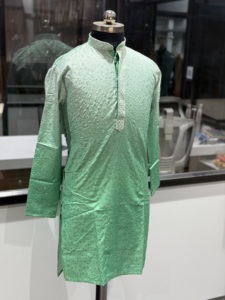 <b>Men's</b> Green Silk <b>Kurta</b> Traditional Indian Pakistani Wedding Wear Regular Fit Midi Length - Product Image 3