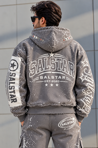 เสื้อฮู้ดซิปแบบวินเทจลายกราฟิกสไตล์ดิสเทรส ผ้าคอตตอนหนานุ่ม สตรีทแวร์ แบรนด์ส่วนตัว เสื้อฮู้ดลำลองสำหรับผู้ชาย - Product Image 2
