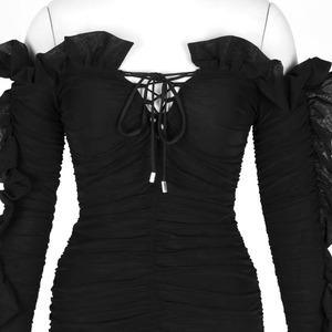 Robe moulante mini noire personnalisée, sexy, avec épaules froncées, plis et volants, manches longues, style décontracté, pour soirée, respirante et écologique - Product Image 2