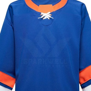 Maillot de hockey sur glace pour homme bleu, orange et blanc, manches longues, col en V, anti-humidité, coupe classique, vêtement de sport anti-UV, personnalisable sur le devant - Product Image 5