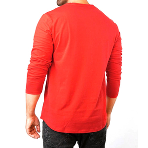 <b>Men's</b> <b>Red</b> <b>Long</b> <b>Sleeve</b> Knitted O-Neck Formal T-<b>Shirt</b> Loose Fit Solid Color 100% Cotton Front Logo Breathable - Product Image 6
