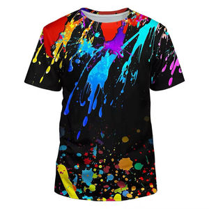 T-shirt unisexe noir à manches courtes avec imprimé éclaboussures de peinture colorées, haut décontracté d'été - Product Image 1