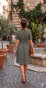 Vestido Estampado con Cuello en V, Corte en A, Largo hasta la Rodilla, Cintura Elástica, Manga Corta, Transpirable, de Algodón Tejido, Estilo Casual, Vintage, para Uso Diario, Verano - Product Image 5