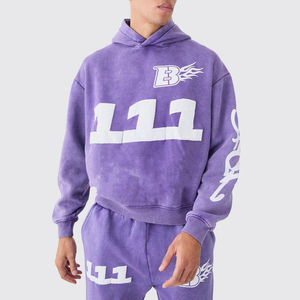 ชุดเซ็ตฮู้ดดี้ลายโลโก้แบบย้อมสีเอซิดและกางเกงขาบาน สไตล์สตรีทแวร์วินเทจสีม่วงสำหรับผู้ชาย ผ้าคอตตอนหนานุ่มทรงโอเวอร์ไซส์ - Product Image 4