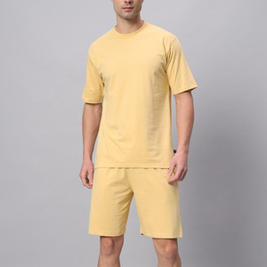 <b>Men's</b> <b>Yellow</b> Cotton T-<b>Shirt</b> and Shorts Set Crew Neck Solid Color Casual Summer Wear Breathable Knitted Two Piece Outfit - Product Image 6