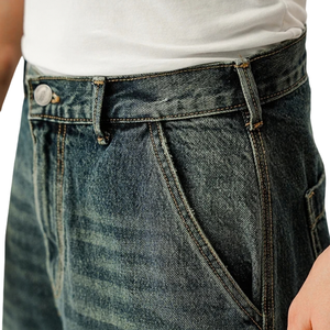 Jean cargo en coton pour homme, coupe droite, denim délavé foncé, taille mi-haute, fermeture éclair avant, bouton, cinq poches - Product Image 3