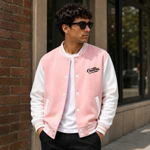 Veste universitaire rose et blanche pour homme, broderie personnalisée, imprimé lettres, col rabattu, style décontracté, matière polaire, vêtement d'hiver chauffant - Product Image 1