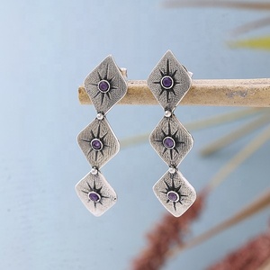 Natural Amethyst 925 Sterling Silver Vintage Long <b>Dangle</b> Studs <b>Earrings</b> Geometric <b>Diamond</b> Shaped Purple Gemstone Drop <b>Earring</b> - Product Image 3