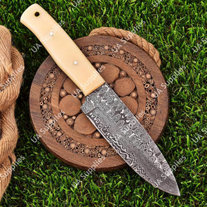 Couteau de chasse et de camping multifonctionnel à lame fixe en acier de Damas à motif goutte de pluie, manche en os de chameau, étui en cuir - Product Image 3