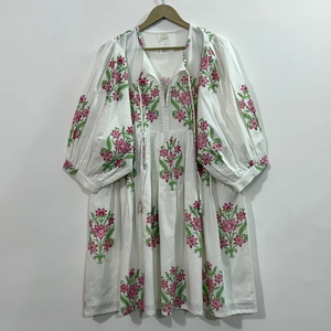 เดรสลำลองผู้หญิง ใส่ได้ทุกวัน ทุกฤดู ผ้าทอ 100% ผ้าฝ้าย พิมพ์ลายดอกไม้/สีพื้น แขนสั้น เอวทรงเอ็มไพร์ ทรงเบบี้ดอลล์ - Product Image 4