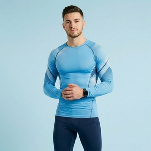 Men Custom Long Sleeve Front <b>Logo</b> Fitted O-Neck Compression Sporty Solid Jersey Polyester Quick Dry T-Shirt - Product Image 1