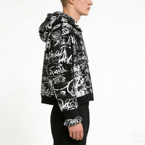 Sweat à capuche oversize pour homme, imprimé graffiti, fermeture éclair, streetwear, veste à capuche respirante en polyester tricoté, motif noir et blanc - Product Image 3