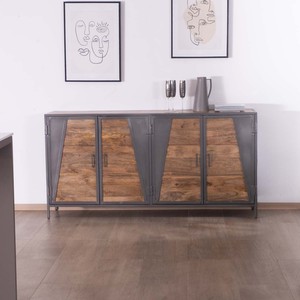 Vandana Crystal Grain industrial <b>sideboard</b> in <b>grey</b> metal and mango wood - Product Image 2