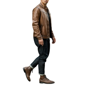 Veste en cuir véritable marron vieilli pour homme, style streetwear, col Mao, fermeture éclair avant, coupe ajustée, vintage, premium, décontractée, OEM, vêtement d'extérieur d'hiver - Product Image 6
