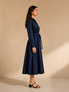 Vestido Midi Azul Marino de Manga Larga para Mujer, Cuello en V, Cintura Natural con Cinturón, Estilo Línea A, Casual, de Oficina, Sencillo, Romántico, para Fiesta, con Falda Acampanada - Product Image 2