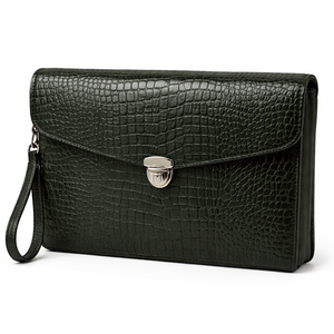 กระเป๋าคลัทช์หนังลายนูนสุดหรู พร้อมตัวล็อคโลหะและสายคล้องข้อมือ สีเขียวเข้ม ดีไซน์หรูหรา - Product Image 1