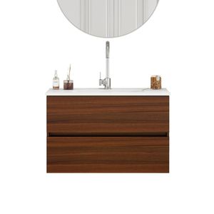 Mobile Bagno Sospeso da 32 Pollici con Doppio Cassetto a Chiusura Ammortizzata, Design Senza Maniglie in Legno Massello e Lavabo in Ceramica, Facile Installazione - Product Image 6