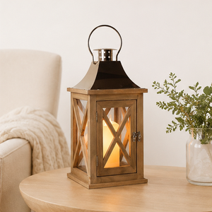 Farol de Madera Hecho a Mano, Farol Decorativo Estilo Rústico con Parte Superior de Metal de Cobre para Decoración del Hogar, Interior y Exterior - Product Image 4