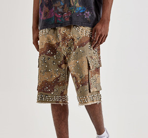 Pantalones Cortos Cargo de Camuflaje Desértico para Hombre con Decoración de Perlas de Imitación, Estilo Urbano, Cintura Media, Cierre Elástico - Product Image 5