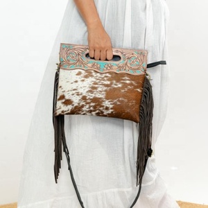 El más nuevo monedero hecho a mano con flecos de cuero para mujer, cuero de vaca genuino, turquesa, vaquera, bolsos cruzados con asa superior - Product Image 2