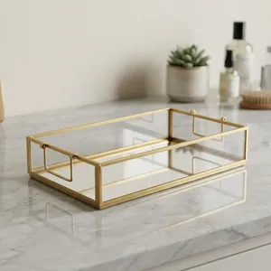 Modern Luxury Lacquered Brass Glass <b>Mirror</b> Storage Tray Rectangle Design Single Tier <b>Vanity</b> Organizer for Bathroom Jewelry - Product Image 2