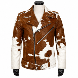 Men's Brown <b>White</b> Cowhide Leather <b>Biker</b> <b>Jacket</b> Turn-down Collar Animal Print Zipper Closure Winter Thick Fit Waterproof - Product Image 1