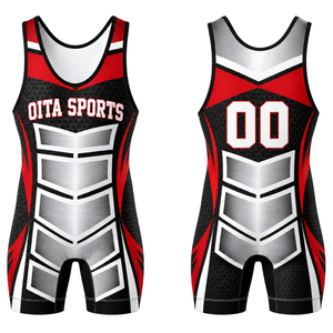 Traje de Lucha Sublimado Rojo y Negro para Hombre, Uniforme Deportivo de Poliéster para Entrenamiento y Rendimiento - Product Image 1