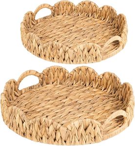 Plateau de service tressé à la main en jacinthe d'eau naturelle, écologique et luxueux, avec poignées, idéal pour la vaisselle, le salon et la décoration intérieure – Meilleures ventes - Product Image 2