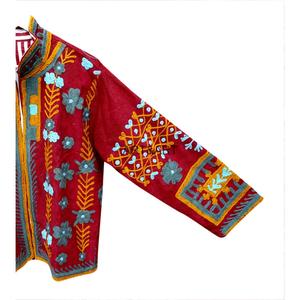 Red <b>Corduroy</b> Mandarin Collar Quilted <b>Jacket</b> Hand Embroidered Floral Pattern Full Sleeve Women's Autumn Eco-Friendly Breathable - Product Image 4