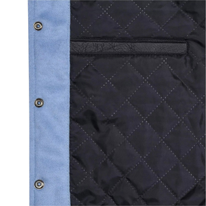 Men's Light Blue Varsity Jacket With White PU Sleeves Preppy Style Regular Fit Turn-down Collar <b>Button</b> Closure Autumn Wear - Product Image 5
