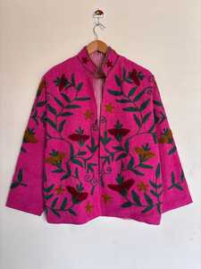 Pink Mandarin Collar Embroidered Coat Floral Print Long Sleeve Loose Fit Chinese Style Woven Acrylic Jacket <b>All</b> Seasons Casual - Product Image 2