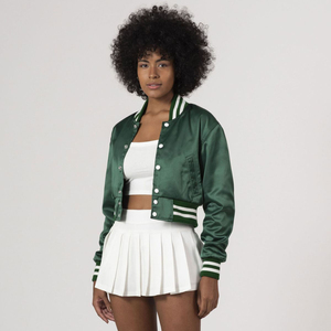 <b>Women</b> Cropped Satin Varsity <b>Jacket</b> Green Button Up Streetwear Bomber <b>Lightweight</b> Casual Fashion Outerwear Custom OEM - Product Image 3