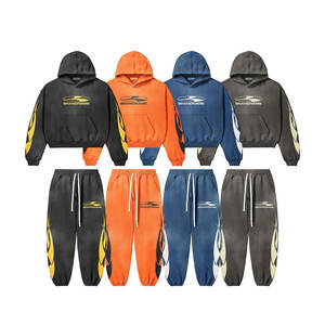 Ensemble de survêtement unisexe effet délavé, qualité supérieure, coupe ample, 100% coton, avec sweat à capuche et pantalon - Product Image 1